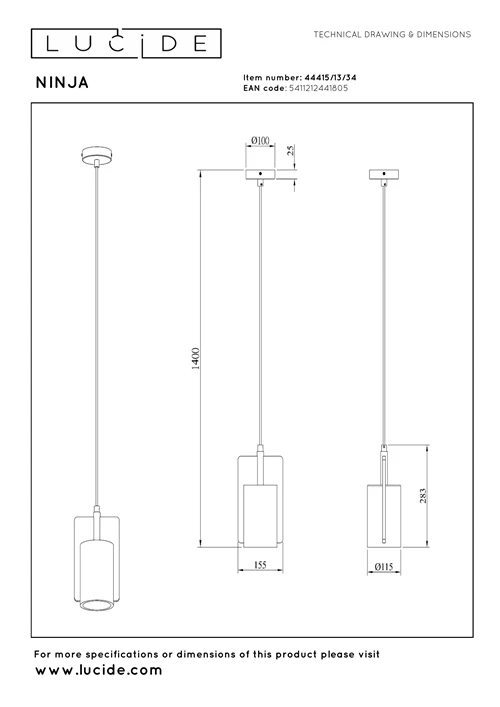 Lucide NINJA - Suspension - Ø 11,5 cm - 1xE27 - Jaune - technique